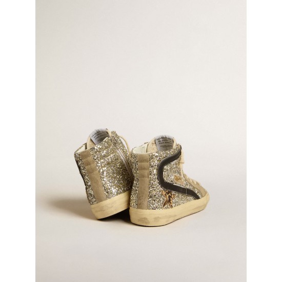 Slide in platinum glitter with leopard-print pony skin star and black flash Slide in platinum glitter with leopard-print pony skin star and black flash