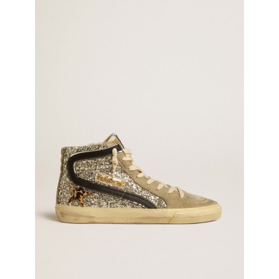 Slide in platinum glitter with leopard-print pony skin star and black flash Slide in platinum glitter with leopard-print pony skin star and black flash