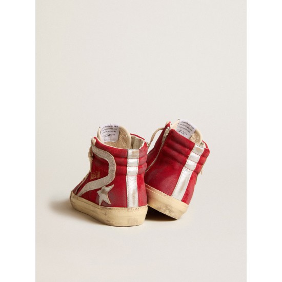Slide in red suede with silver star and lizard print flash Slide in red suede with silver star and lizard print flash