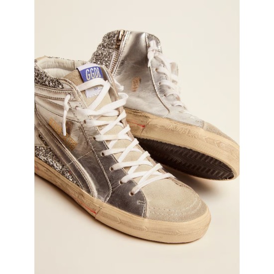 Women's Slide with laminated leather upper and silver glitter Women's Slide with laminated leather upper and silver glitter