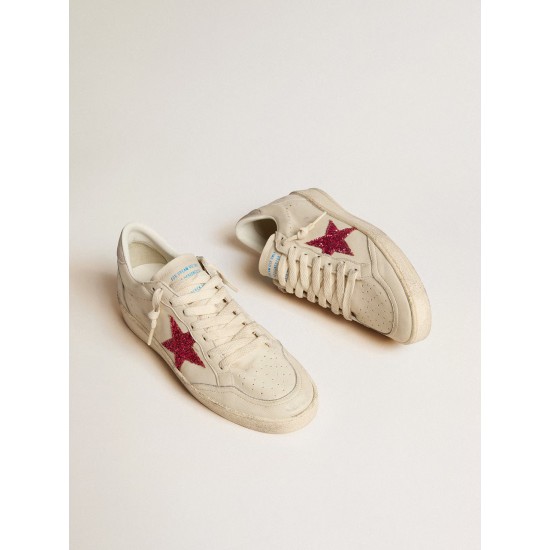 Ball Star LTD with fuchsia glitter star and light gray suede heel tab Ball Star LTD with fuchsia glitter star and light gray suede heel tab