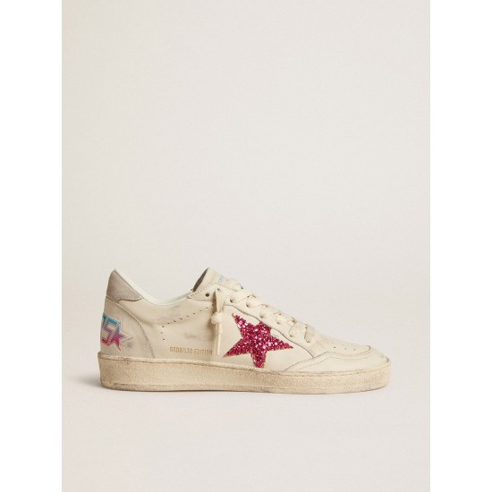 Ball Star LTD with fuchsia glitter star and light gray suede heel tab Ball Star LTD with fuchsia glitter star and light gray suede heel tab