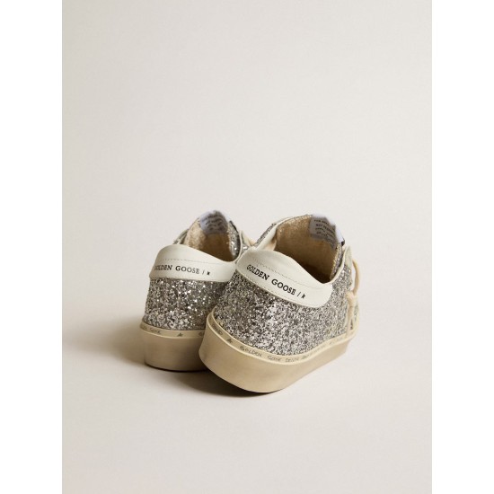Women's Hi Star in silver glitter with suede star and white heel tab Women's Hi Star in silver glitter with suede star and white heel tab