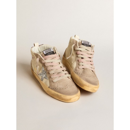Women's Mid Star in nappa leather with floral embroidery and silver glitter star Women's Mid Star in nappa leather with floral embroidery and silver glitter star