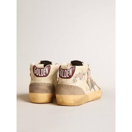 Women's Mid Star in nappa leather with floral embroidery and silver glitter star Women's Mid Star in nappa leather with floral embroidery and silver glitter star
