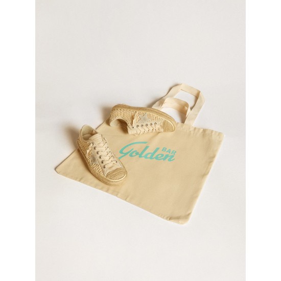 Women's V-Star in canvas with all-over pearls and raffia Women's V-Star in canvas with all-over pearls and raffia