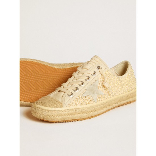 Women's V-Star in canvas with all-over pearls and raffia Women's V-Star in canvas with all-over pearls and raffia