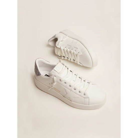 Purestar in white leather with silver Swarovski crystal heel tab Purestar in white leather with silver Swarovski crystal heel tab