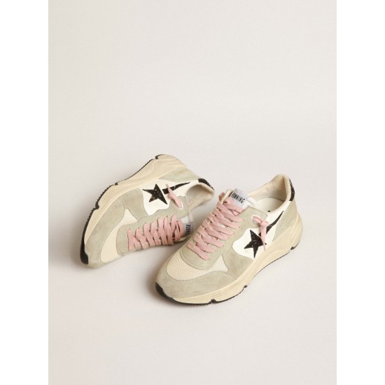 Running Sole with gray suede inserts and black glitter star Running Sole with gray suede inserts and black glitter star