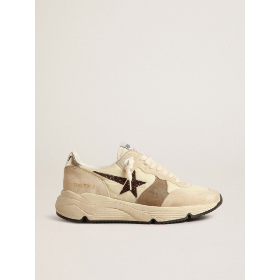 Running Sole LTD in cream nylon and suede with a glitter star Running Sole LTD in cream nylon and suede with a glitter star