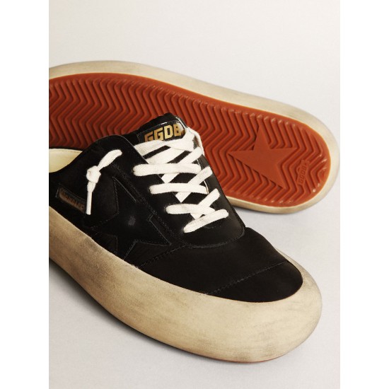 Women's Space-Star Sabots in black nylon with black leather star Women's Space-Star Sabots in black nylon with black leather star