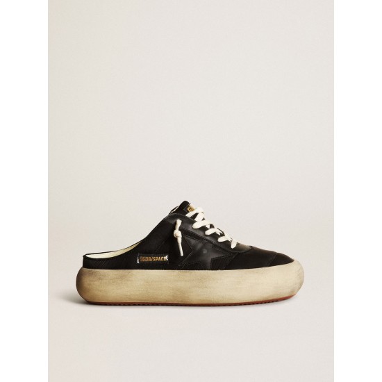 Women's Space-Star Sabots in black nylon with black leather star Women's Space-Star Sabots in black nylon with black leather star
