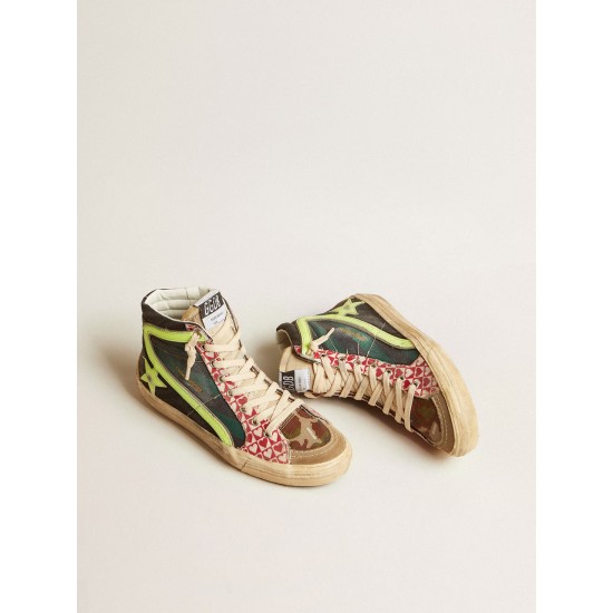 Women’s Slide LAB in camo canvas with yellow leather star and flash Women’s Slide LAB in camo canvas with yellow leather star and flash