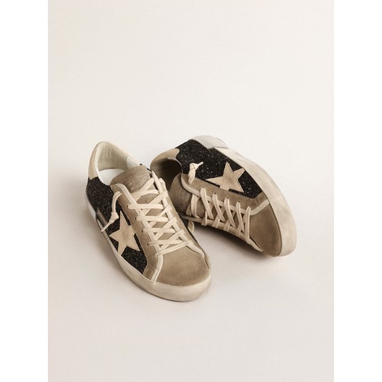 Super-Star in black glitter with cream star and suede inserts Super-Star in black glitter with cream star and suede inserts