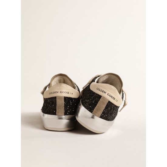 Super-Star in black glitter with cream star and suede inserts Super-Star in black glitter with cream star and suede inserts