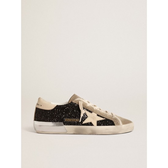 Super-Star in black glitter with cream star and suede inserts Super-Star in black glitter with cream star and suede inserts