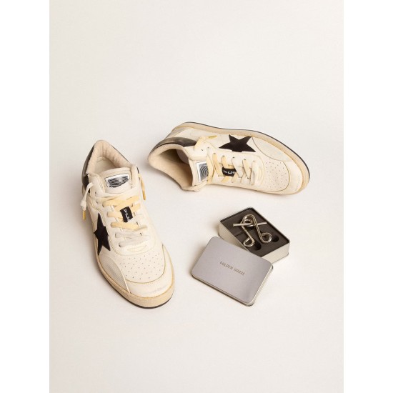 Women’s Ball Star Pro Mid in aged white leather with black star Women’s Ball Star Pro Mid in aged white leather with black star