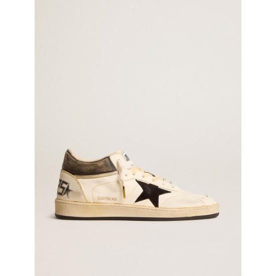 Women’s Ball Star Pro Mid in aged white leather with black star Women’s Ball Star Pro Mid in aged white leather with black star