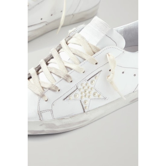 Superstar faux pearl-embellished distressed leather sneakers Superstar faux pearl-embellished distressed leather sneakers