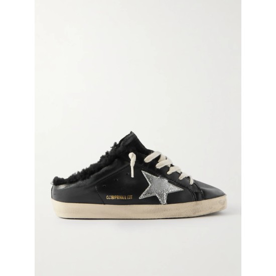 Super-Star Sabot distressed shearling-lined leather slip-on sneakers Super-Star Sabot distressed shearling-lined leather slip-on sneakers