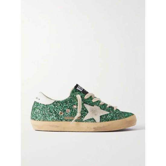Superstar distressed suede-trimmed glittered leather sneakers Superstar distressed suede-trimmed glittered leather sneakers