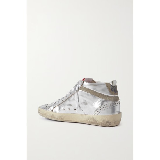 Mid Star distressed suede-trimmed metallic leather sneakers Mid Star distressed suede-trimmed metallic leather sneakers