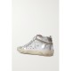 Mid Star distressed suede-trimmed metallic leather sneakers Mid Star distressed suede-trimmed metallic leather sneakers