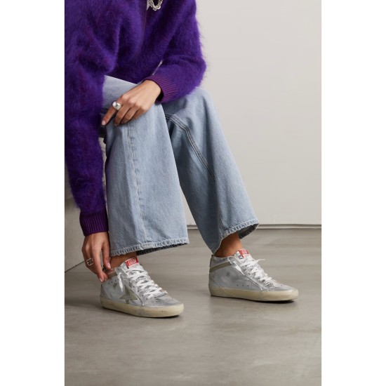 Mid Star distressed suede-trimmed metallic leather sneakers Mid Star distressed suede-trimmed metallic leather sneakers