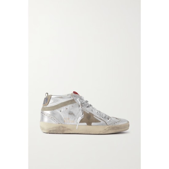 Mid Star distressed suede-trimmed metallic leather sneakers Mid Star distressed suede-trimmed metallic leather sneakers