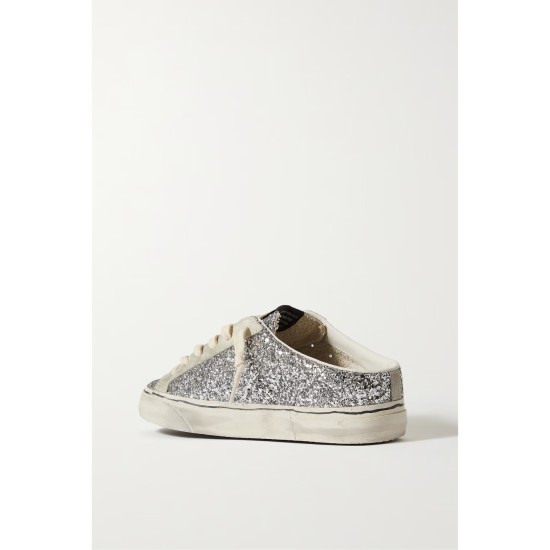 Super-Star Sabot distressed glittered leather and suede slip-on sneakers Super-Star Sabot distressed glittered leather and suede slip-on sneakers
