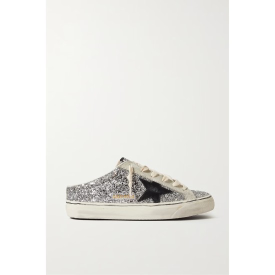 Super-Star Sabot distressed glittered leather and suede slip-on sneakers Super-Star Sabot distressed glittered leather and suede slip-on sneakers