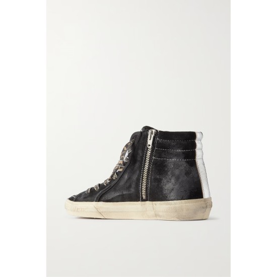 Slide distressed leather-trimmed suede high top sneakers Slide distressed leather-trimmed suede high top sneakers