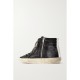 Slide distressed leather-trimmed suede high top sneakers Slide distressed leather-trimmed suede high top sneakers