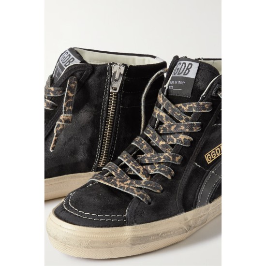 Slide distressed leather-trimmed suede high top sneakers Slide distressed leather-trimmed suede high top sneakers