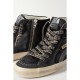 Slide distressed leather-trimmed suede high top sneakers Slide distressed leather-trimmed suede high top sneakers