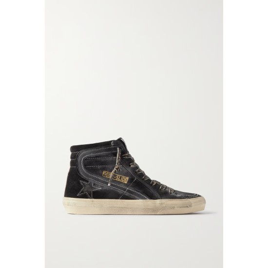 Slide distressed leather-trimmed suede high top sneakers Slide distressed leather-trimmed suede high top sneakers