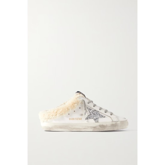 Superstar Sabot shearling-lined distressed glittered leather slip-on sneakers Superstar Sabot shearling-lined distressed glittered leather slip-on sneakers