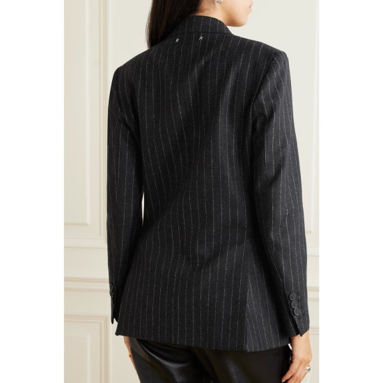 Double-breasted pinstriped wool-blend flannel blazer Double-breasted pinstriped wool-blend flannel blazer