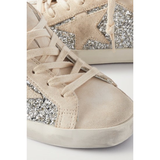 Super-Star leather-trimmed distressed glittered suede sneakers Super-Star leather-trimmed distressed glittered suede sneakers