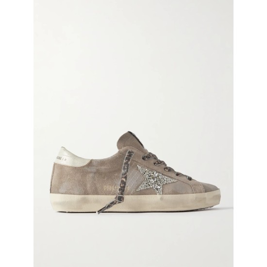 Super-Star leather-trimmed distressed glittered suede sneakers Super-Star leather-trimmed distressed glittered suede sneakers