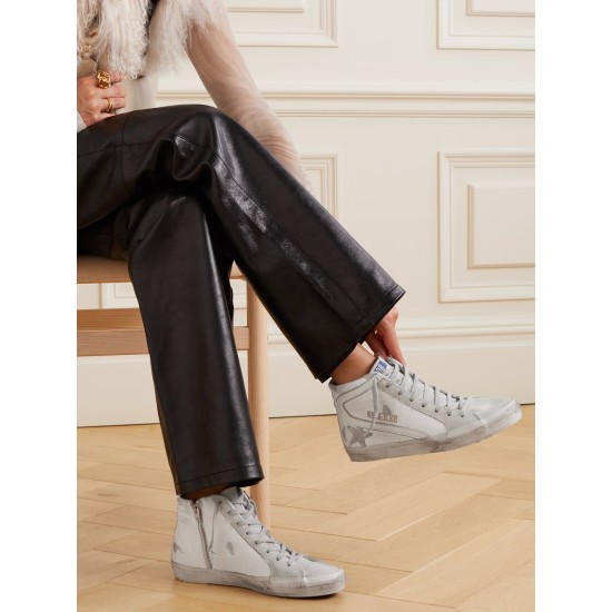 Slide distressed suede and leather high-top sneakers Slide distressed suede and leather high-top sneakers