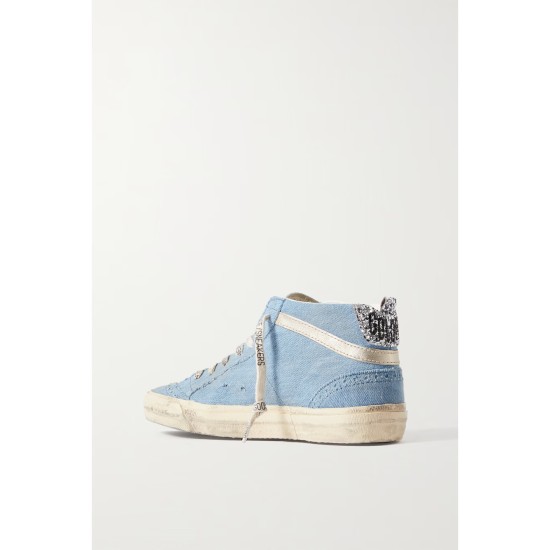 Mid Star glittered leather-trimmed distressed denim high-top sneakers Mid Star glittered leather-trimmed distressed denim high-top sneakers