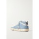 Mid Star glittered leather-trimmed distressed denim high-top sneakers Mid Star glittered leather-trimmed distressed denim high-top sneakers