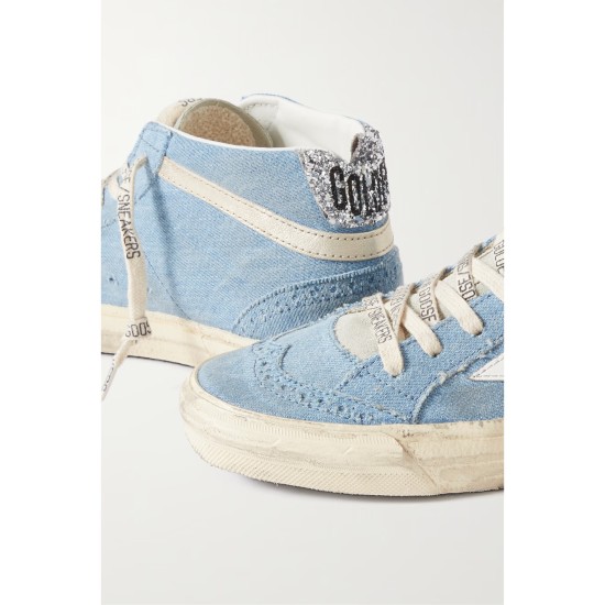 Mid Star glittered leather-trimmed distressed denim high-top sneakers Mid Star glittered leather-trimmed distressed denim high-top sneakers