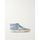 Mid Star glittered leather-trimmed distressed denim high-top sneakers Mid Star glittered leather-trimmed distressed denim high-top sneakers