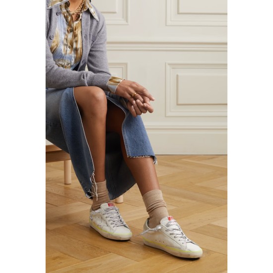 Superstar distressed embroidered textured-leather sneakers Superstar distressed embroidered textured-leather sneakers
