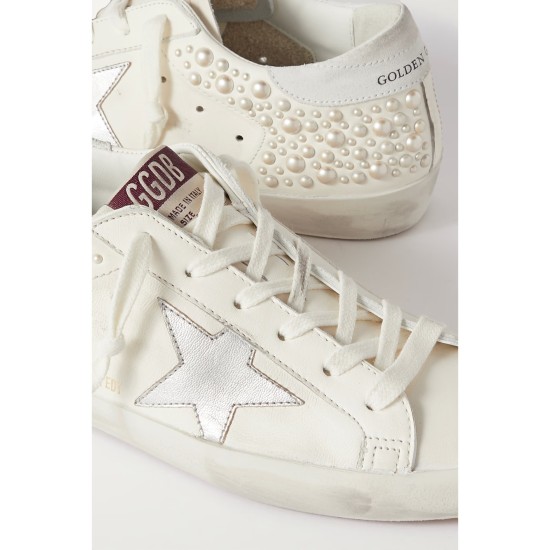 Superstar pearl-embellished distressed leather sneakers Superstar pearl-embellished distressed leather sneakers