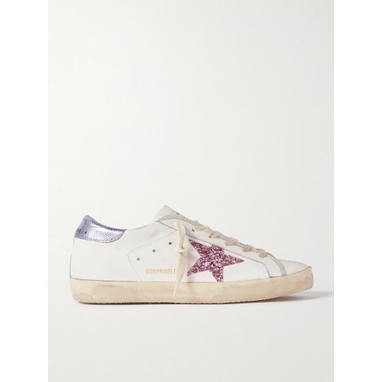 Superstar glittered distressed snake-effect trimmed leather sneakers Superstar glittered distressed snake-effect trimmed leather sneakers