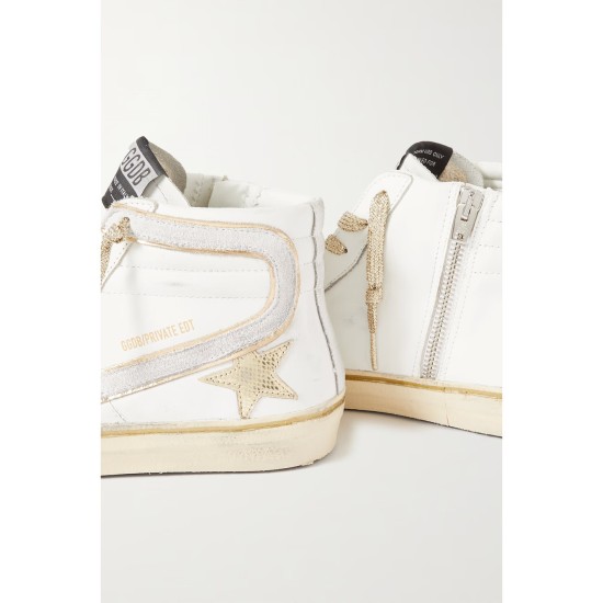 Slide distressed suede and metallic-trimmed leather high-top sneakers Slide distressed suede and metallic-trimmed leather high-top sneakers