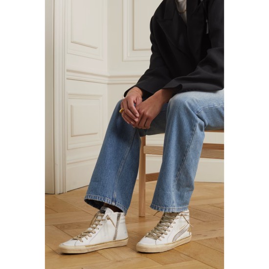 Slide distressed suede and metallic-trimmed leather high-top sneakers Slide distressed suede and metallic-trimmed leather high-top sneakers